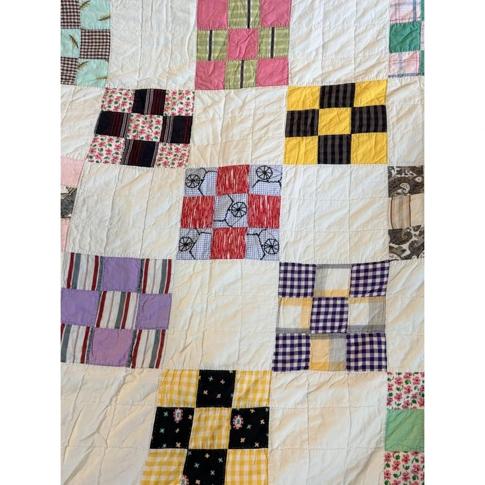 Early Antique Quilt  Nine Patch Hand Stitched 76